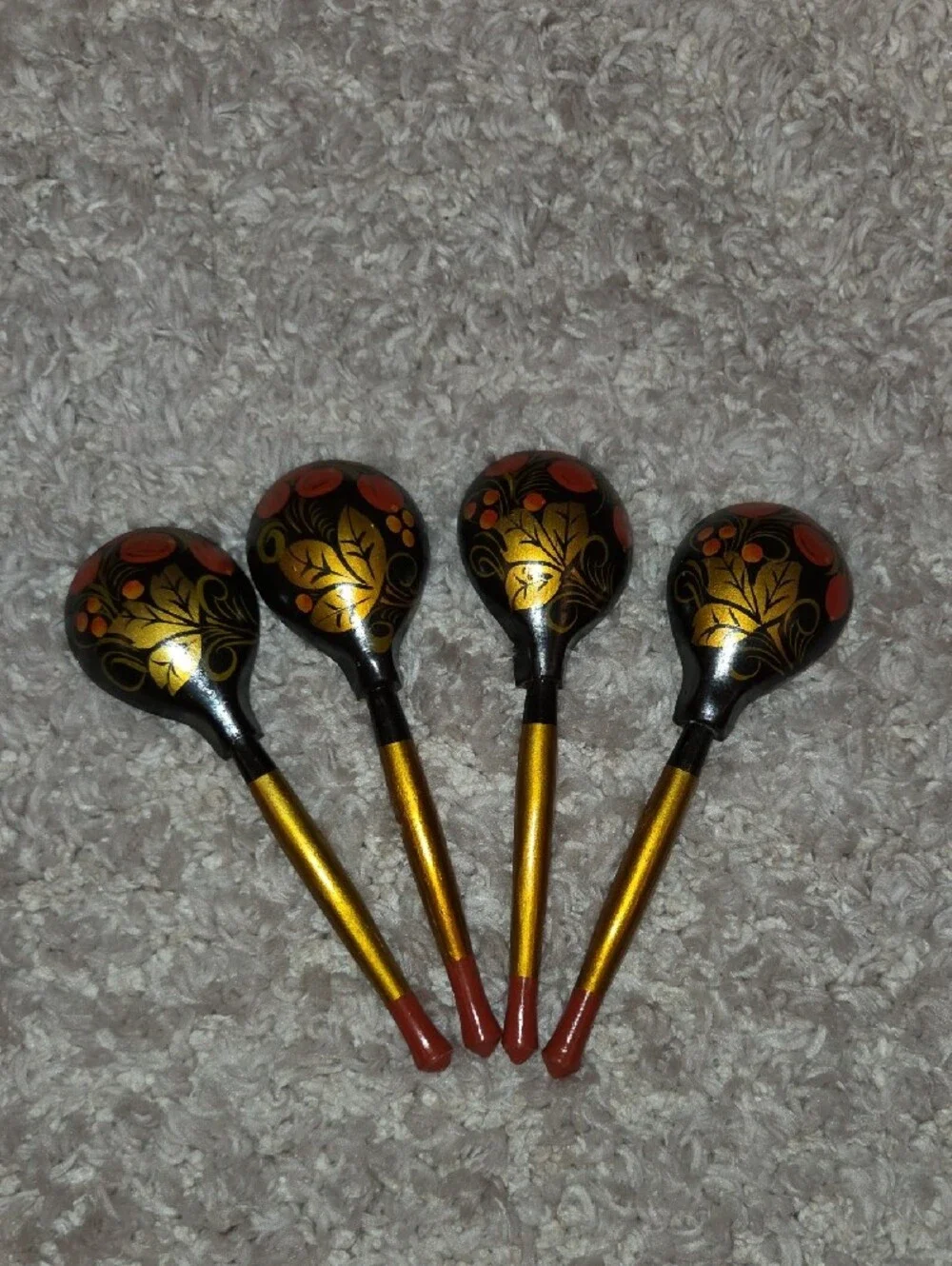 Khokhloma Hand-Painted Black and Gold Decorative Serving Spoons - Floral Design